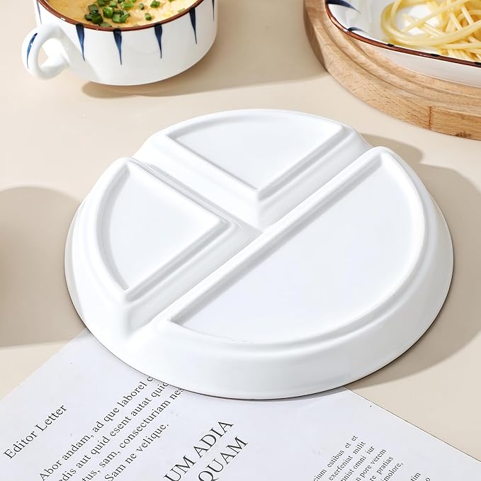 8" Dinner Plate Set, 3-Piece, Compartmentalized Ceramic Plates for Breakfast, Salad, Portion Control and Weight Loss