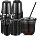50 Sets Clear Plastic Cups with Lids and Straws, Disposable Iced Coffee Cups Drinking PET for Cold Drinks, Juice, Smoothie, Coffee Shops, Party, Christmas (Black,12 oz)