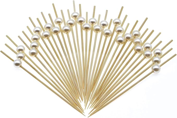 Minisland White Pearl Cocktail Picks, 4.7 Inch Long Bamboo Fancy Toothpicks for Appetizers, Decorative Christmas Bridal Wedding Party Food Drink Garnish Fruit Kabob Skewer Sticks 100 Counts - MSL152