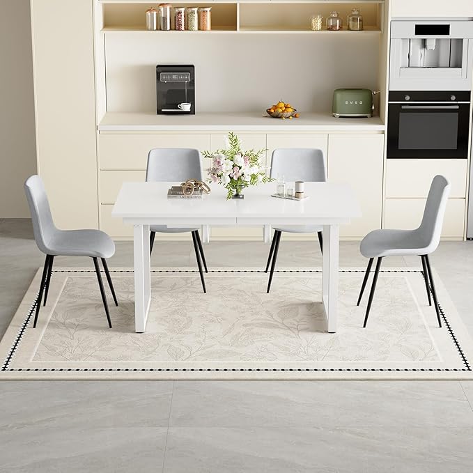 Extendable Dining Table Set for 4, 55"–71" Modern White Kitchen Table with 4 Upholstered Chairs, Space-Saving for Living Room Apartment, Sturdy & Comfortable, Easy Assembly