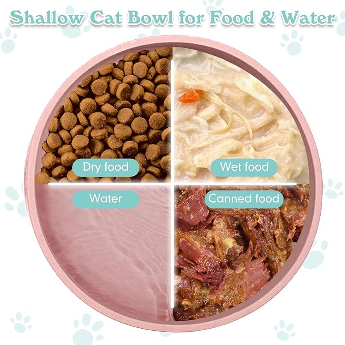 Silicone Cat Food Bowls Shallow Cat Dishes 5.9in Wide Pet Plates Set of 2 Small Flat Dog Saucer Bowl Cute Whisker Fatigue Kitten Feeding Dish for Dry & Wet Food (Round Blue + Pink)