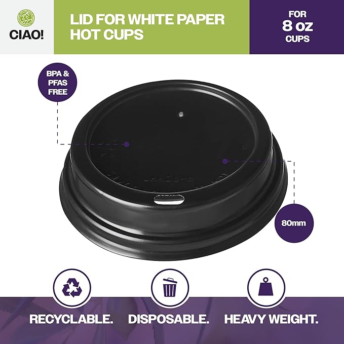 CIAO! 8oz Coffee Cup Sipper Black Dome Lid, (80mm) 1,000 Count