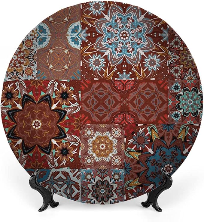 Decorative Plates, Victorian Print Ornament, Classic Victorian Floral Authentic Motives and Ethnic, 8 Inch, 1 Plate with 1 Display Stand, Multicolor