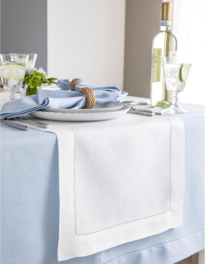 Solino Home Linen White Table Runner 72 Inches Long - 100% Pure Linen Hemstitch Table Runner 14 x 72 Inch for Dresser, Dining, Valentines, Spring, Easter - Classic Hemstitch