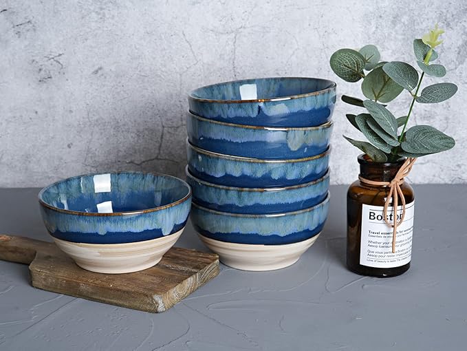 Bosmarlin Small Ceramic Dessert Bowls, 16 Oz, Set of 6, Dishwasher and Microwave Safe, For Cereal, Ice Cream, Soup, Salad, Rice (Deep blue, 16 Oz)
