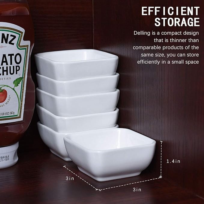 DELLING Ultra-Strong 3 Oz Ceramic Dip Bowls Set, White Dipping Sauce Bowls/Dishes for Tomato Sauce, Soy, BBQ and other Party Dinner - Set of 6