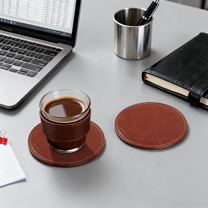 6 Pcs Premium Leather Coasters with Holder, Tabletop Protection, Coffee Table & Bar Decoration, Modern-Style Drink Coasters Suitable for Home Dining Tables & Kitchen Accessories (Brown)