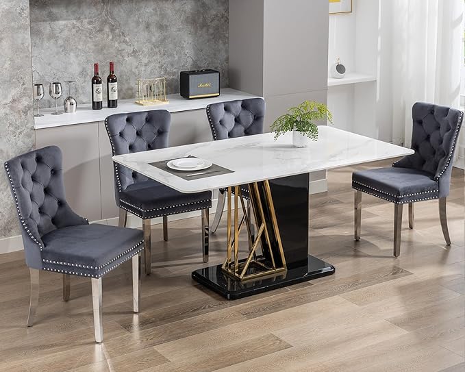 KCC Velvet Dining Chairs Set of 4, Upholstered High-end Tufted Dining Room Chair with Nailhead Back Ring Pull Trim Stainless Steel Legs, Contemporary Nikki Collection Modern Style for Kitchen, Gray