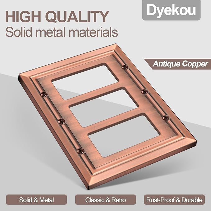 Metal Wall Plate for Electrical Outlets, Decorative Antique Copper Switch Plates Outlet Cover, Light Switch Cover Plate, 3-Gang Wall Plates (Triple Decoretor, 1 Pack)