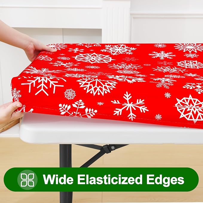 Smiry Plastic Christmas Tablecloth, Snowflake Waterproof Elastic Fitted Table Covers, Wipeable Flannel Backed Vinyl Tablecloths for Christmas Dinner, and New Year Celebration (Red, 30x72 Inches)