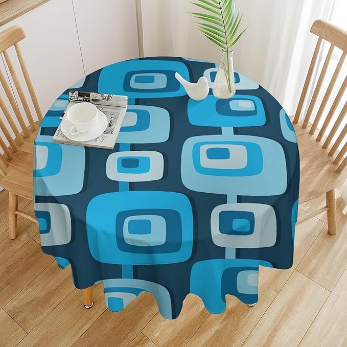 Mid Century Boho Round Tablecloth, Blue Mid Century Modern Art Abstract Geometric Pattern Retro Vintage Style Tablecloth for Home Party Dining Room Kitchen Decor 50Inch(127cm)