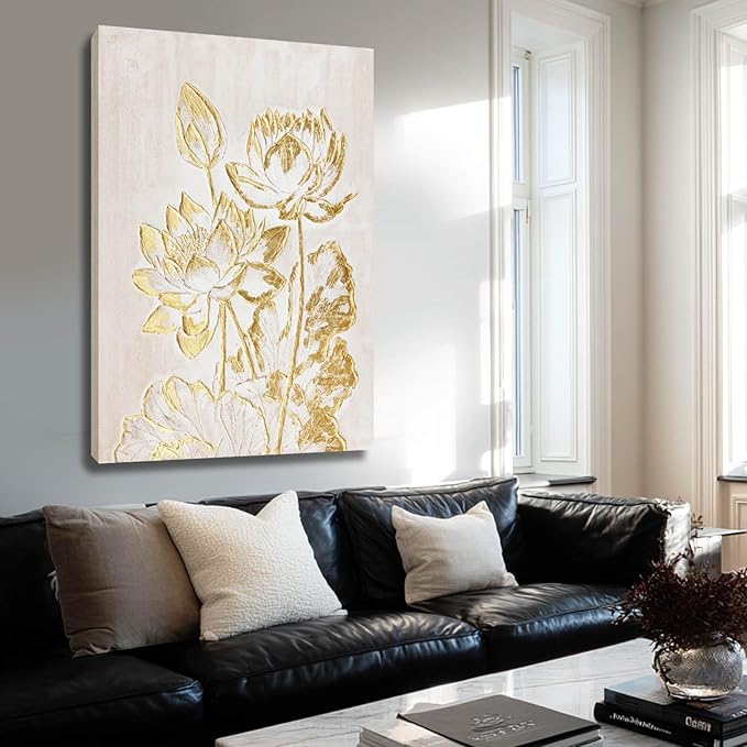 YJYart Plant Canvas Wall Art Flower Wall Decor Gold Wall Decorations 24"x36" Office Art Posters Oil Painting for Bedroom Kitchen