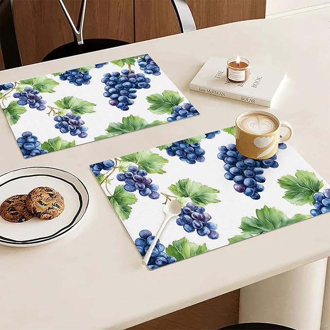 Grape Placemats Set of 6, Blue Grapes Place Mats, Fruit Waterproof Washable Table Mats for Home Party Indoor Kitchen Dining Table Decoration 12x18 Inch
