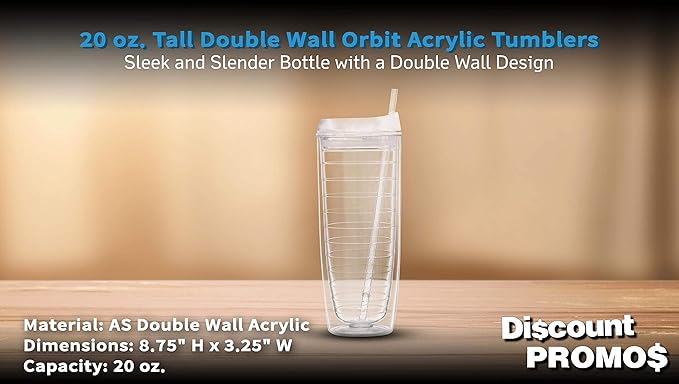 DISCOUNT PROMOS Tall Orbit Acrylic Tumblers 20 oz. Set of 10, Bulk Pack - Perfect for Iced Coffee, Soda, Other Hot & Cold Beverages - Clear