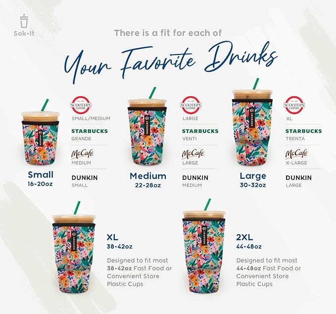 Sok It JavaSok Iced Coffee & Cold Soda Insulated Neoprene Cup Sleeve (Succulents, Medium: 22-28oz)