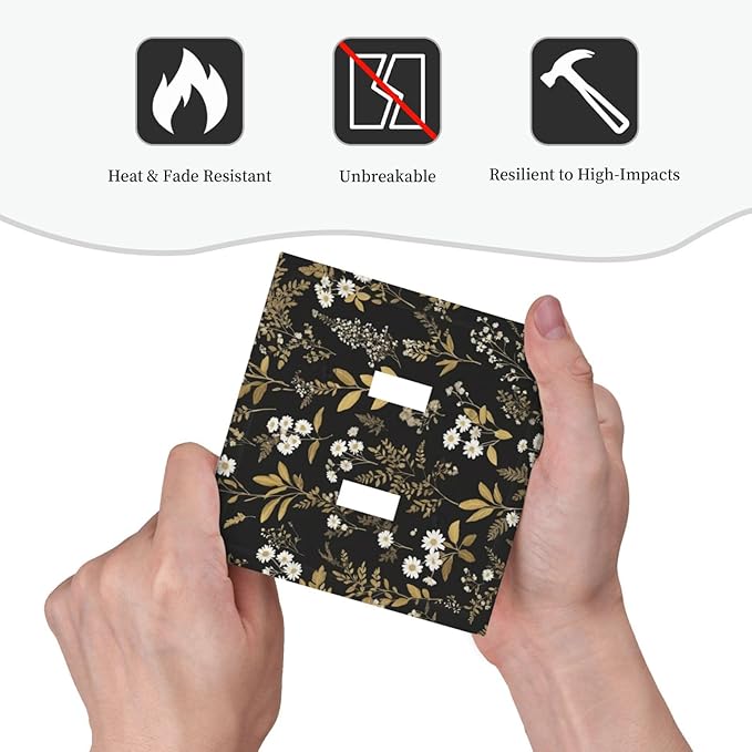 Decorative Light Switch Cover Black/Gold Boho Botanical Floral Rustic Flowers 2 Gang Wall Plate Double Toggle Switch Plate Receptacle Electrical Outlet Cover Switchplate for Bathroom Kitchen（2 Pack）
