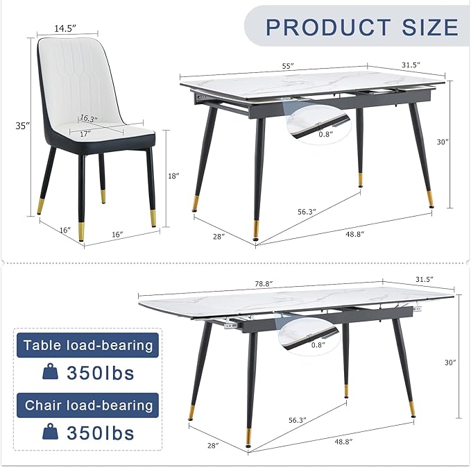 Extendable Dining Table Set for 8, 55'' to 78.8'' Rectangular Thickened Sintered Stone Kitchen Table with 8 Upholstered Chairs, Modern Space Saving 9-Piece Dinner Table Set