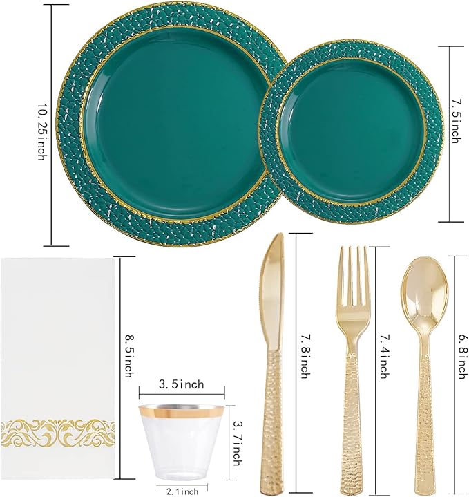FLOWERCAT 175PCS Marrs Green Plastic Plates with Gold Rim&Christmas Plates&Green and Gold plastic Plates&Gold Plastic Silverware - Ideal for Wedding,Spring Party,St. Patrick's Day