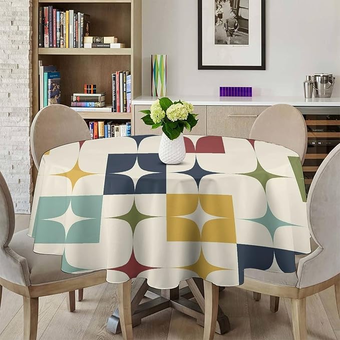 Middle Century Modern Round Tablecloth, Retro Mid Century Geometry Abstract Bohemia Tablecloth for Home Party Dining Room Kitchen Decor 60Inch(152cm)