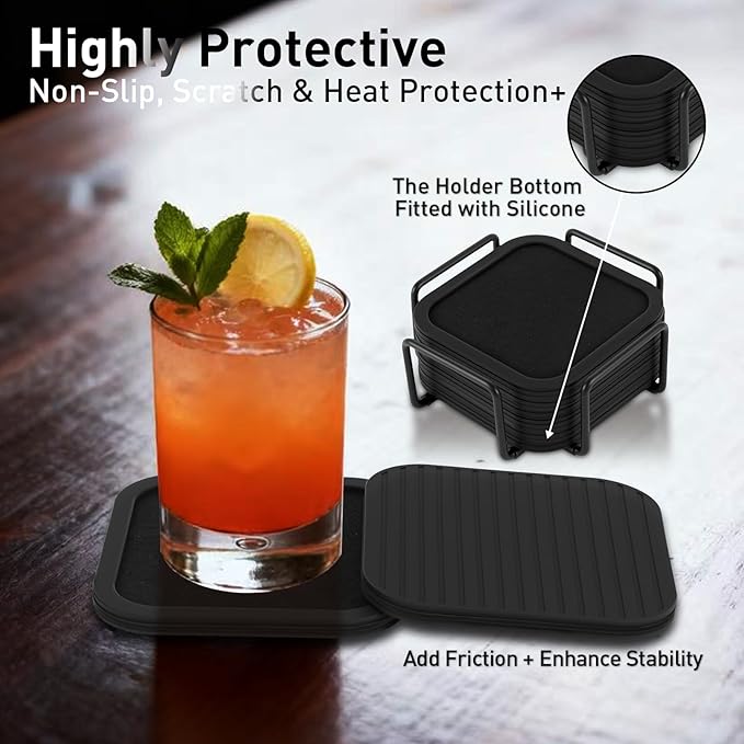 Lexenic Absorbent Coasters with Holder, Silicone Coasters Set of 6 with Removable Felt Insert, Cup Coaster for Drinks, Easy Grip, Tabletop Protection, Home Decor Coaster for Coffee Table,Bar & Kitchen