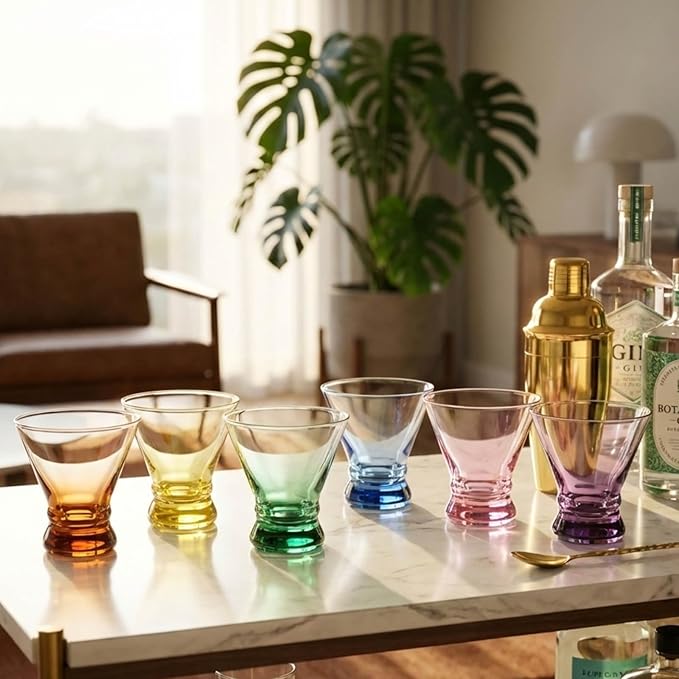 ColoVie Martini Glasses Set of 6 - Cocktail Glasses - 8oz Stemless Margarita, Bar, Dessert Glass - Colored Liquor Drinking Glassware - Cosmo, Manhattan, Espresso Martini - Cocktail Party Gift for Her