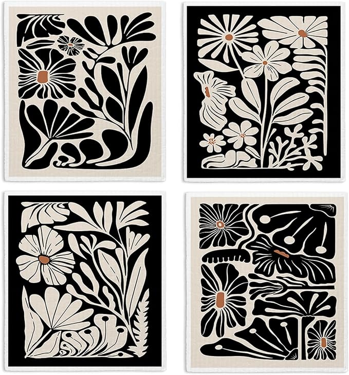 Spring Flower Swedish Dishcloths for Kitchen, Boho Swedish Dish Cleaning Cloths for Floral, Papaya Reusable Paper Towels, 4 Pack Dish Towels for Kitchen, Reusable Paper Dishcloths Washable