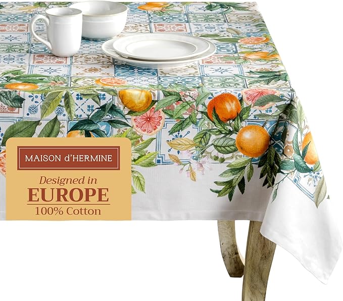 Maison d' Hermine Table Cloth Rectangle Table 100% Cotton 70 x 90 Inches Tablecloth Reusable Decorative for Dining Room Farmhouse Home Valentines Day Decorations Spring Summer - Agrume