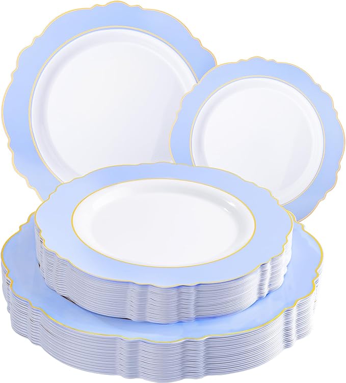 WDF 60pcs Blue Plates Disposable With Gold Rim - Baroque Baby Blue Plastic Party Plates for Wedding/Party/Baby Shower