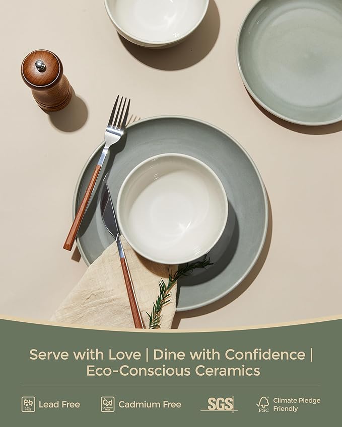 Plates and Bowls Sets for 8, 24 Piece Dinnerware Set for Large Families & Entertaining, Elegant Design, Dishwasher & Microwave Safe, Chip Resistant and Durable, Gray Green
