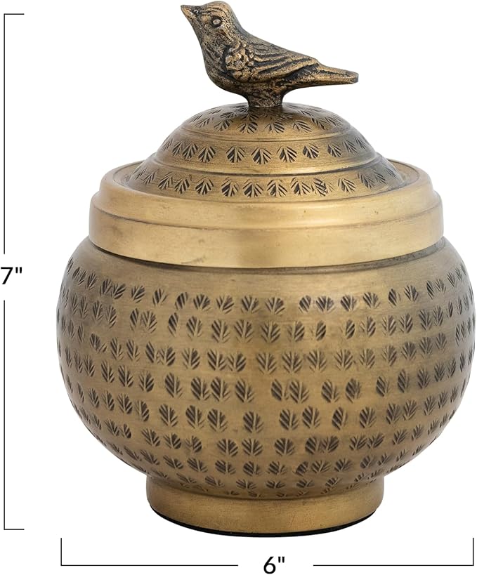 Round Hammered Metal Container with Bird Finial, Brass Finish