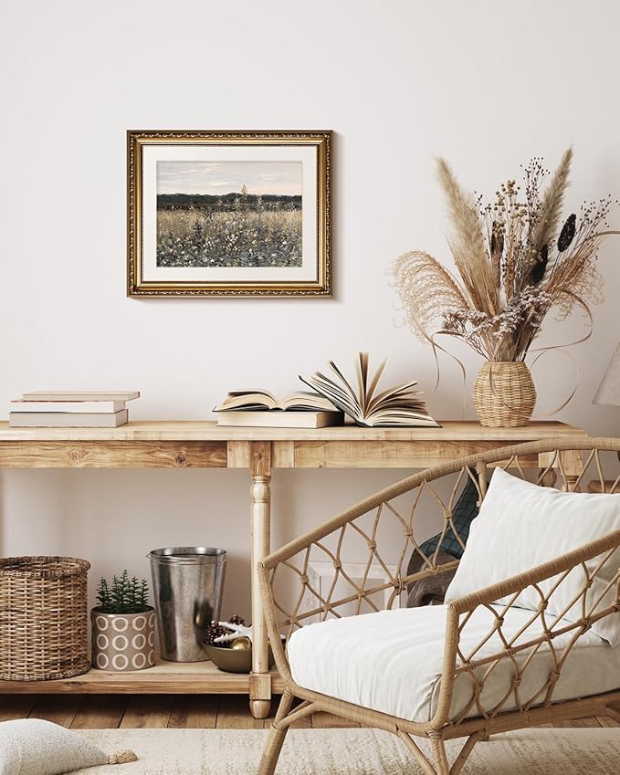 InSimSea Gold Picture Framed Wall Art, Living Room Bathroom Vintage Meadow with Flowers Pictures Wall Decor, Canvas Print Art, Home Farmhouse Decor, Antique Paintings with Frames 13x16inch