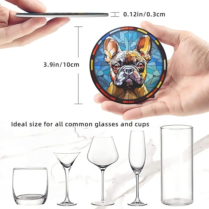 Drink Coaster Set of 6, French Bulldog Dog Mom Lover Gift,Leather Drink Coasters with Holder,6 Pack Cup/Bar/Drink Coasters for Table/Drinks/Coffee Protection Housewarming Gift