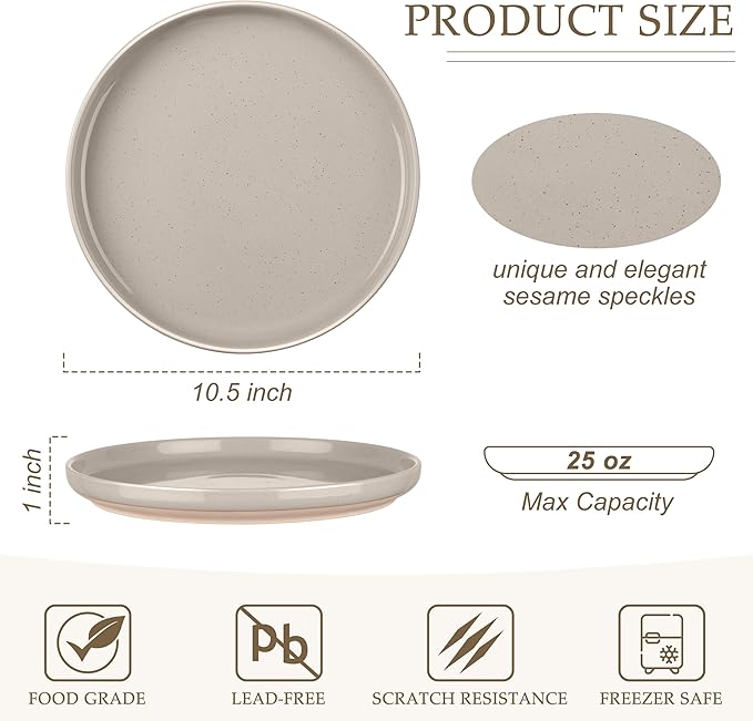 LIANYU 6Pcs Dinner Plates Set, 10.5 Inch Stoneware Kitchen Plates, Large and Round Ceramic Serving Dishes Set for Salad, Steak, Pasta, Stackable, Oven, Microwave & Dishwasher Safe, Milky Brown