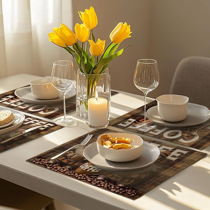 Coffee Gnomes Placemats Set of 6, Cafe Station Table Mats, Washable Place Mats for Coffee Bar Home Party Indoor Kitchen Dining Table Decor 12x18 Inch