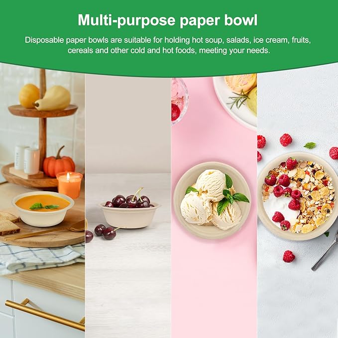Paper Bowls 10 oz, 100 Pack Small Disposable Bowls, Heavy Duty Paper Bowls for Hot Soup, Salad, Dessert, 100% Compostable Biodegradable Microwavable Safe