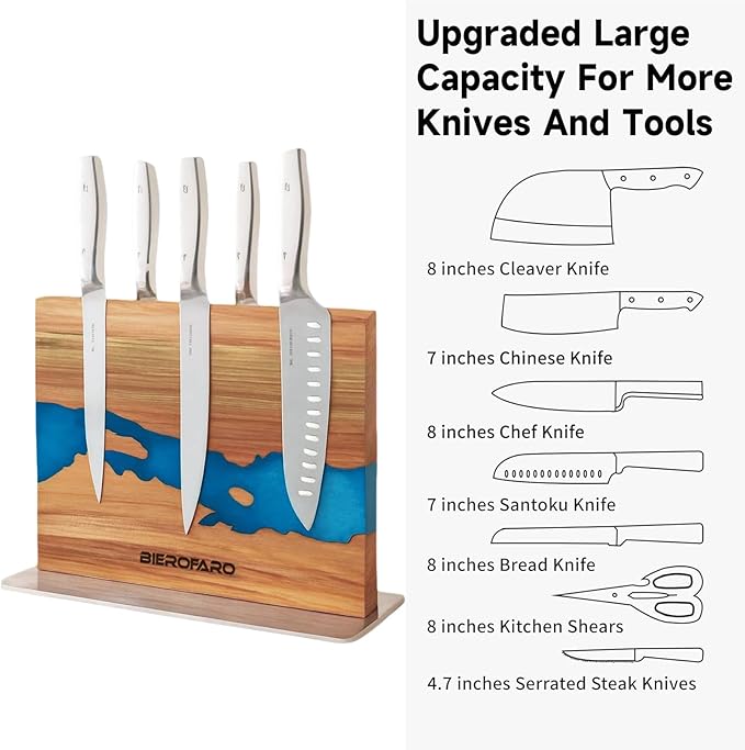Resin River Magnetic Knife Block with Steel Base, Double-Sided Acacia Wood Knife Holder for Chef Knives, Modern Kitchen Organizer