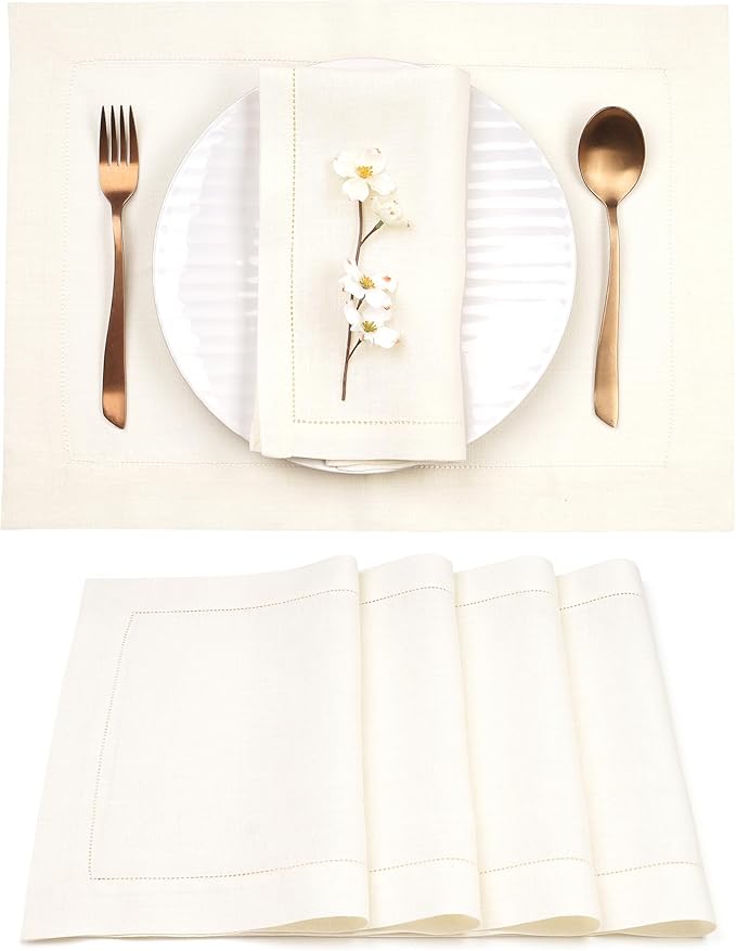 D'Moksha Homes Linen Placemats Set of 4 - Classic Hemstitch Ivory Placemats 14 x 19 Inch - 100% Pure Linen Table Mats for Valentines, Spring, Easter - Handcrafted and Machine Washable