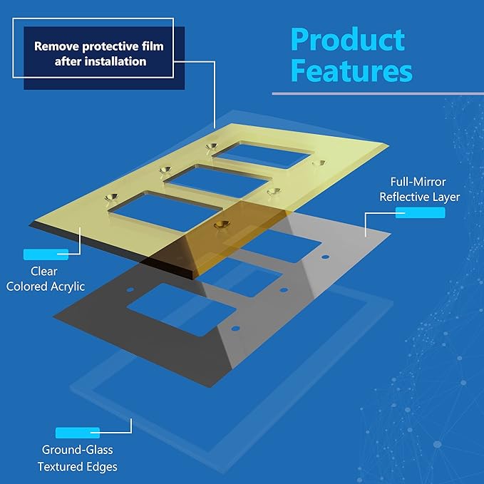 LIDER Reflective Acrylic Decorator Wall Plate, Mirrored Light Switch Plate, Plexiglass Outlet Cover, Acrylic Glass, Oversized 3-Gang 5.25" x 7.06", LWP-33O-AGD5P, Gold, 5 Pack