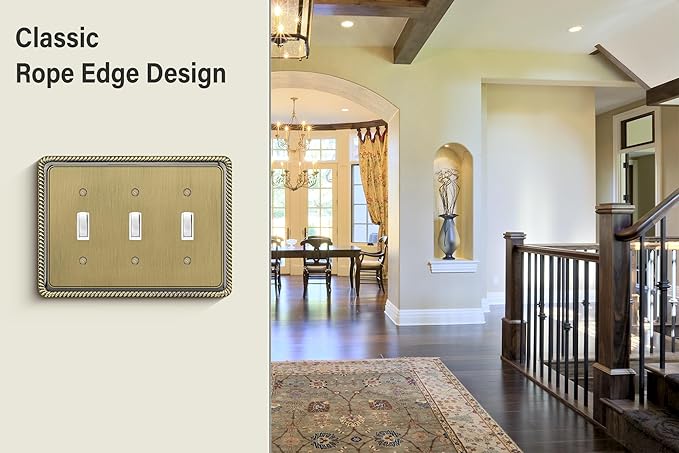 Henne Bery Rope Edge Decorative Wall Plate Switch Plate Outlet Cover (Triple Toggle, Antique Brass)