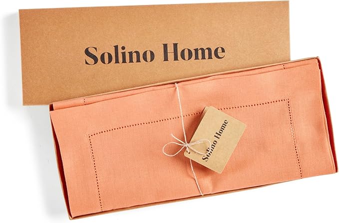 Solino Home Linen Coral Hemstitch Table Runner 48 Inches - 100% Pure Linen Small Table Runner 14 x 48 Inch Ideal for Dresser and Coffee Tables, Valentines, Spring, Easter - Classic Hemstitch