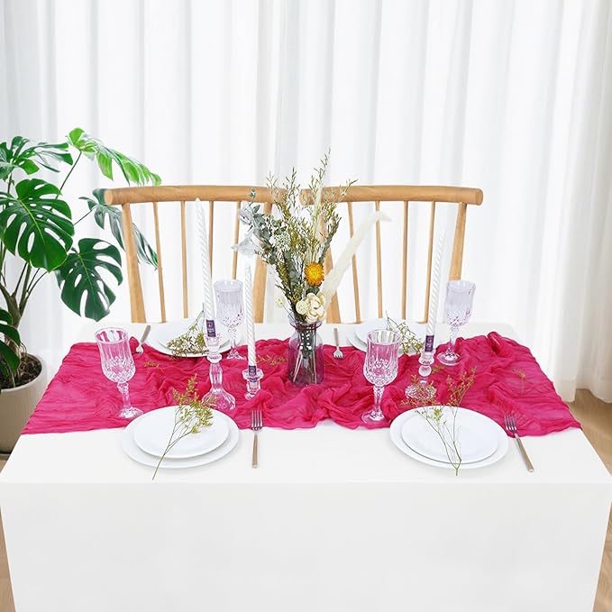 FUHSY Cheesecloth Table Runners Bulk 10 Pack 10FT Long Hot Pink Table Runner Rustic Gauze Fabric Table Runners for Weddings Boho Cheese Cloth Sheer Runner for Birthday Baby Shower Decoration