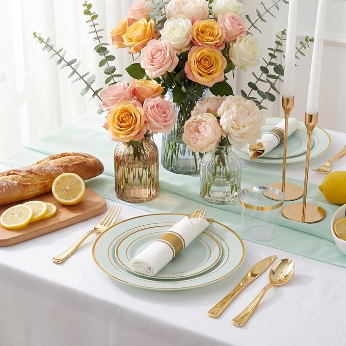 175PCS Sage Green Plastic Plates - Heavy Duty Green Plates Disposable - 25Guests Plastic Dinnerware with Rolled Napkins for Spring/Birthday/Baby Shower/Easter