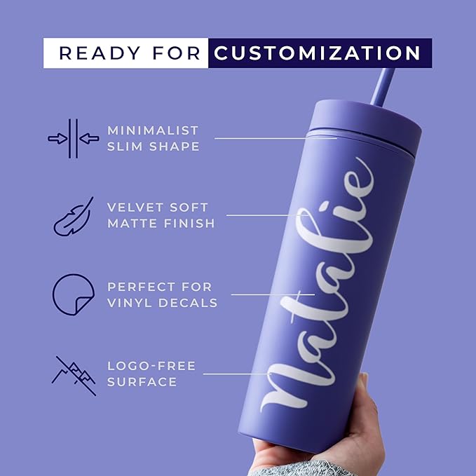 STRATA CUPS Purple Skinny Tumblers with Lids and Straws (12 pack) - 16oz Double Wall Acrylic Tumbler, Tall Matte Skinny Tumblers, Bulk with Free Straw Cleaner, Reusable Cups