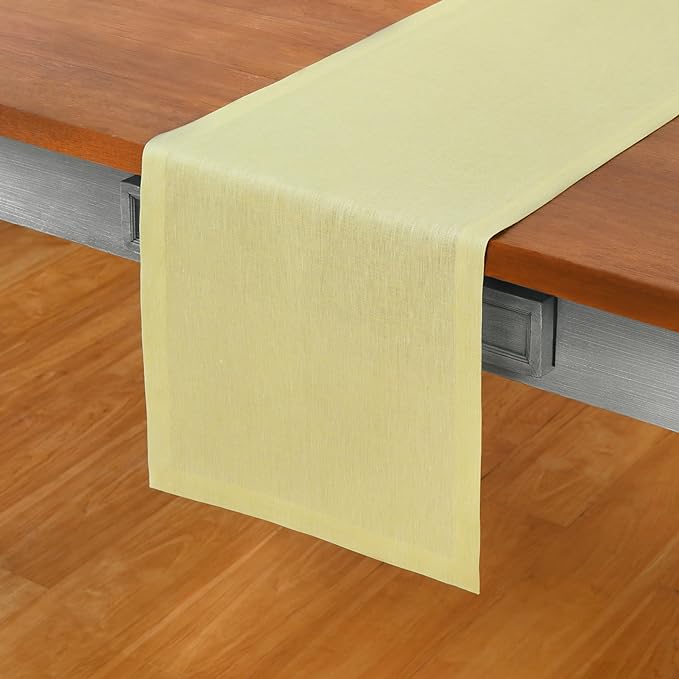 Solino Home Linen Short Table Runner 36 Inches - Athena, 100% Pure Linen Chambray Yellow Table Runner 14 x 36 Inch Ideal for Dresser and Coffee Tables, Spring, Easter