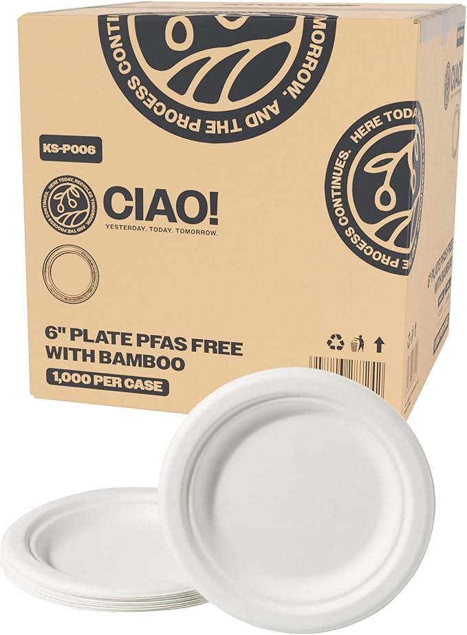 CIAO! 6" Heavy Duty Plate 100% Compostable Ecofriendly PFAS Free Unbleached Bagasse Natural White (Pack of 1,000)