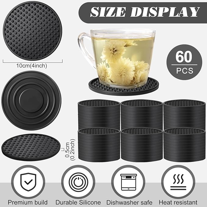 Eccliy 60 Pack Silicone Coasters for Drinks Nonslip Silicone Drink Coasters Cold Hot Heat Resistant for Table Tabletop Coffee Bar (Black)