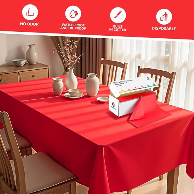 54 Inch X 200 Feet Plastic Table Cover Roll with Convenient Slide Cutter, Disposable Plastic Table Cloth Roll with Cut-to-Size Design for Weddings, Banquets, Parties (Red)