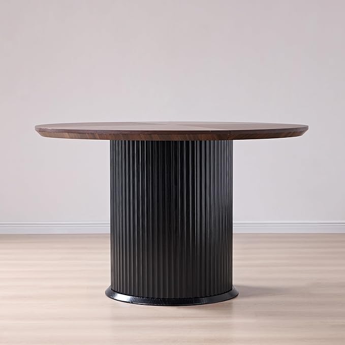 T4TREAM 47" Fluted Round Dining Table for 4-6, Mid-Century Modern Kitchen Table with Thickened Edge & Cylindrical Base for Dining Room, Kitchen, Living Room,Walnut & Black(Table Only)