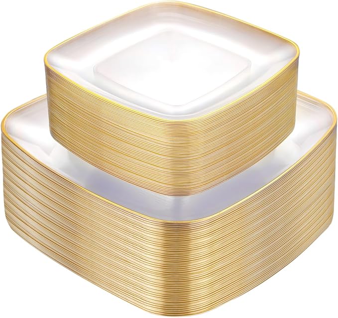 bUCLA 100PCS Clear and Gold Plastic Plates Disposable - Square Gold Heavy Duty - Include 50 Each (Dinner & Dessert) Plates for Party & Thanksgiving