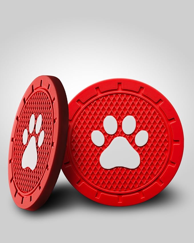 4 Pack Car Cup Coasters, Universal Dog Paw Print Non-Slip Silicone Cup Holder Inserts, Car Interior Accessories, Red